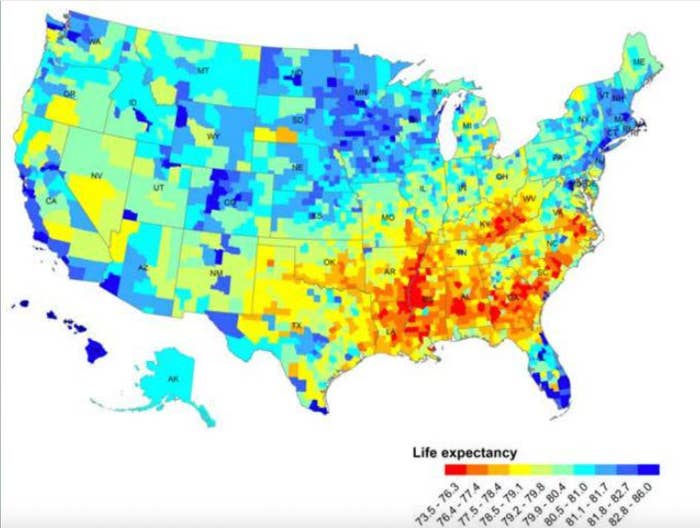U.S. map showing life expectancy by region, with a color gradient indicating varying life spans across different areas