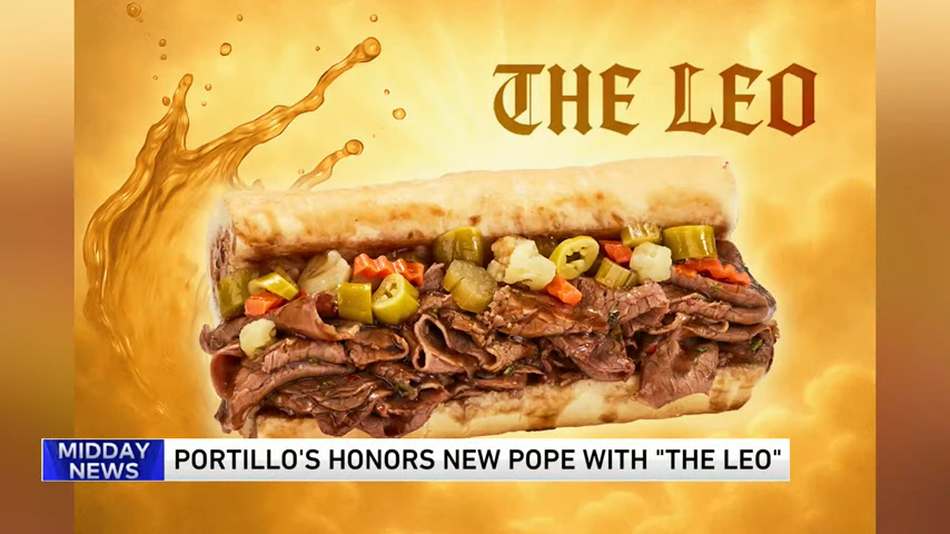 A sandwich named "The Leo" with meat and pickles is shown. Background features a splash effect. Text: "Portillo's honors new Pope with 'The Leo.'"