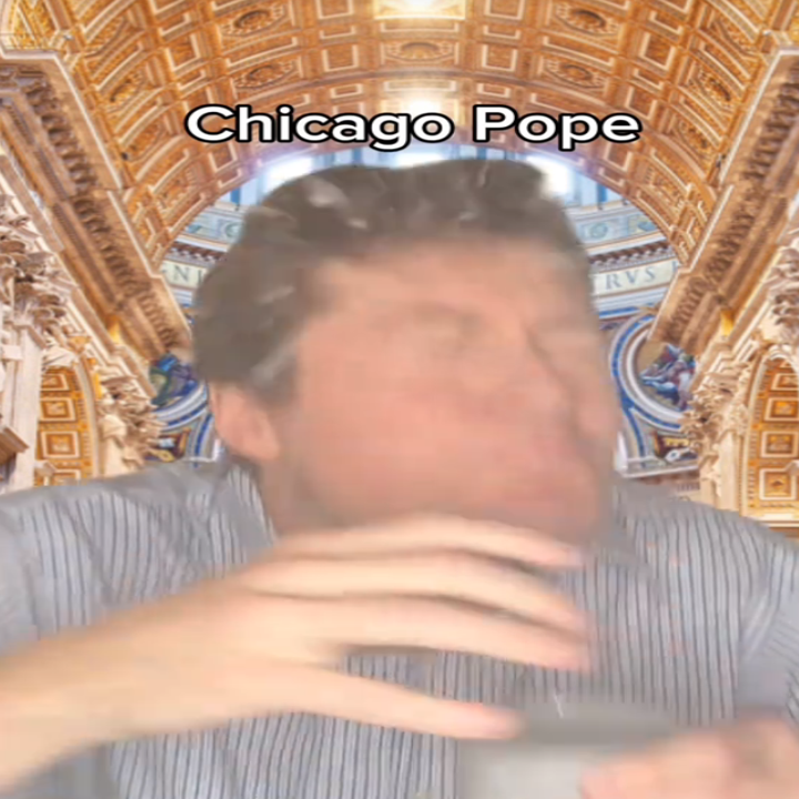 Person reacting humorously to a drink inside an ornate building, with text "Chicago Pope" above