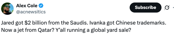 Tweet by Alex Cole raising concerns about financial dealings involving Saudi Arabia, China, and Qatar