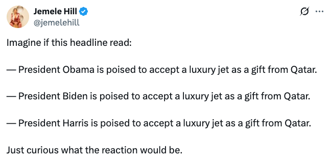 Tweet by Jemele Hill questioning reactions if past and current U.S. leaders accepted luxury jets from Qatar