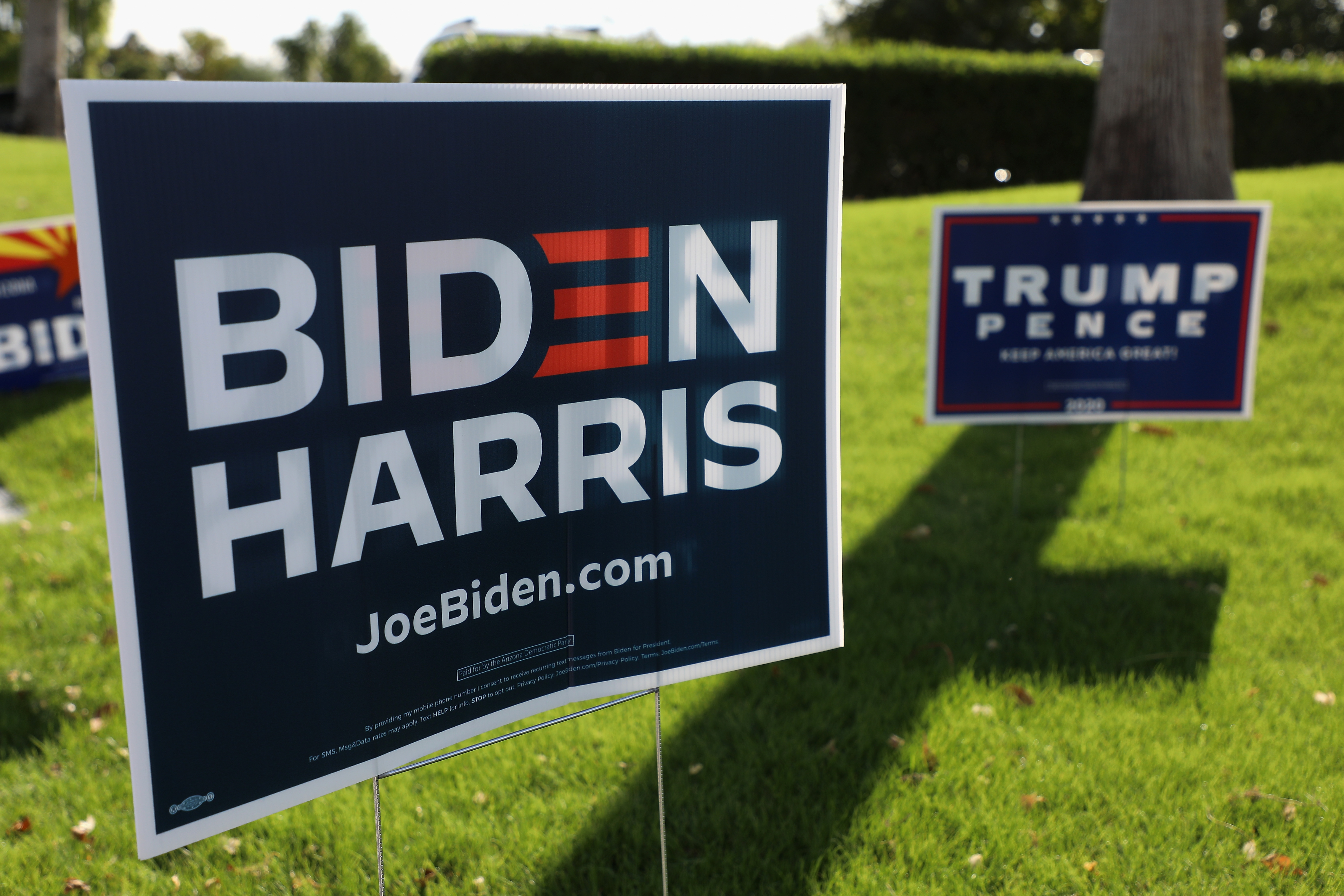 Biden-Harris and Trump-Pence campaign signs on a grassy lawn, promoting U.S. presidential candidates