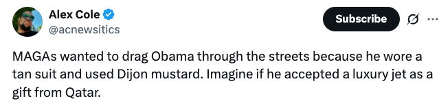 Tweet criticizing reactions to Obama's tan suit and Dijon mustard, contrasting with acceptance of a luxury jet from Qatar