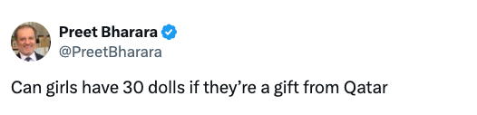 Tweet by Preet Bharara asks if girls can have 30 dolls if they're a gift from Qatar