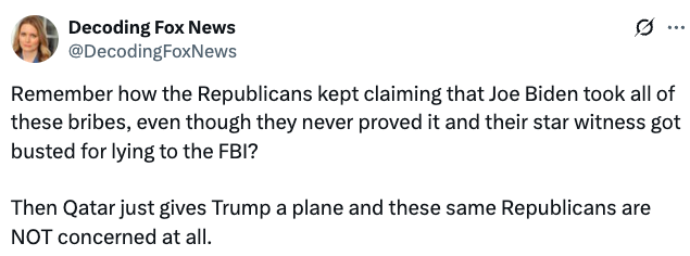 Tweet discussing accusations against Joe Biden about bribes and contrasting Republican reactions to a plane given to Trump by Qatar