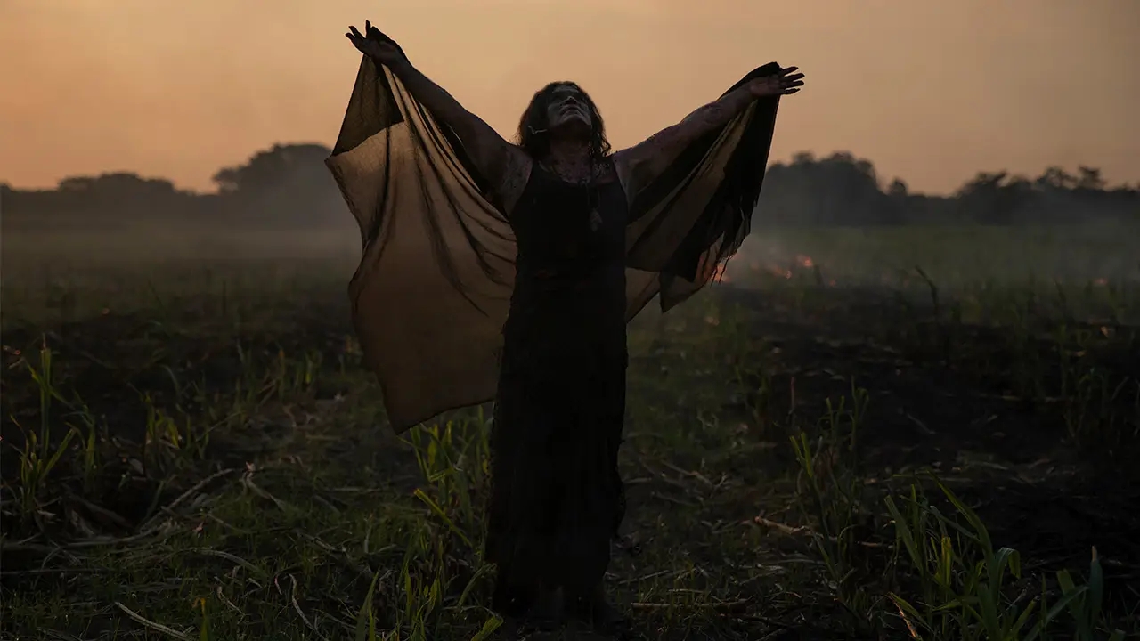 Persona con vestido oscuro alzando los brazos en un campo al atardecer, creando una silueta dramática con el paisaje