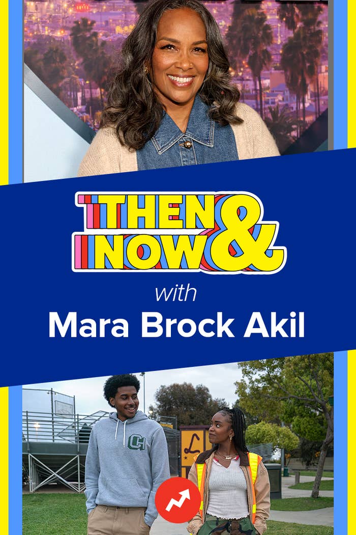 Mara Brock Akil smiles in a casual jacket. Below, two young adults converse while walking outdoors. "Then & Now" with Mara Brock Akil is featured