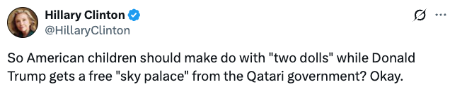 Tweet from verified account questions fairness of Trump receiving a "sky palace" from Qatar while American children manage with "two dolls."