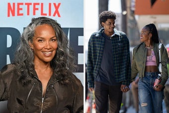 Left: Person smiling at a Netflix event in a stylish blouse. Right: Two people walking hand-in-hand, casually dressed and smiling at each other