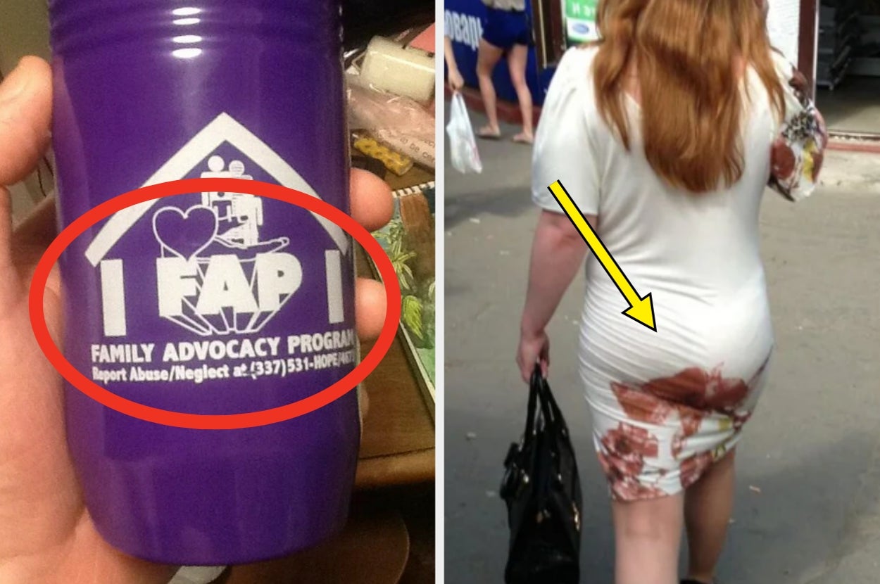 Left image: Purple item labeled "Family Advocacy Program (FAP)" with contact info. Right image: Person wearing dress with pattern that looks like bloodstains on butt