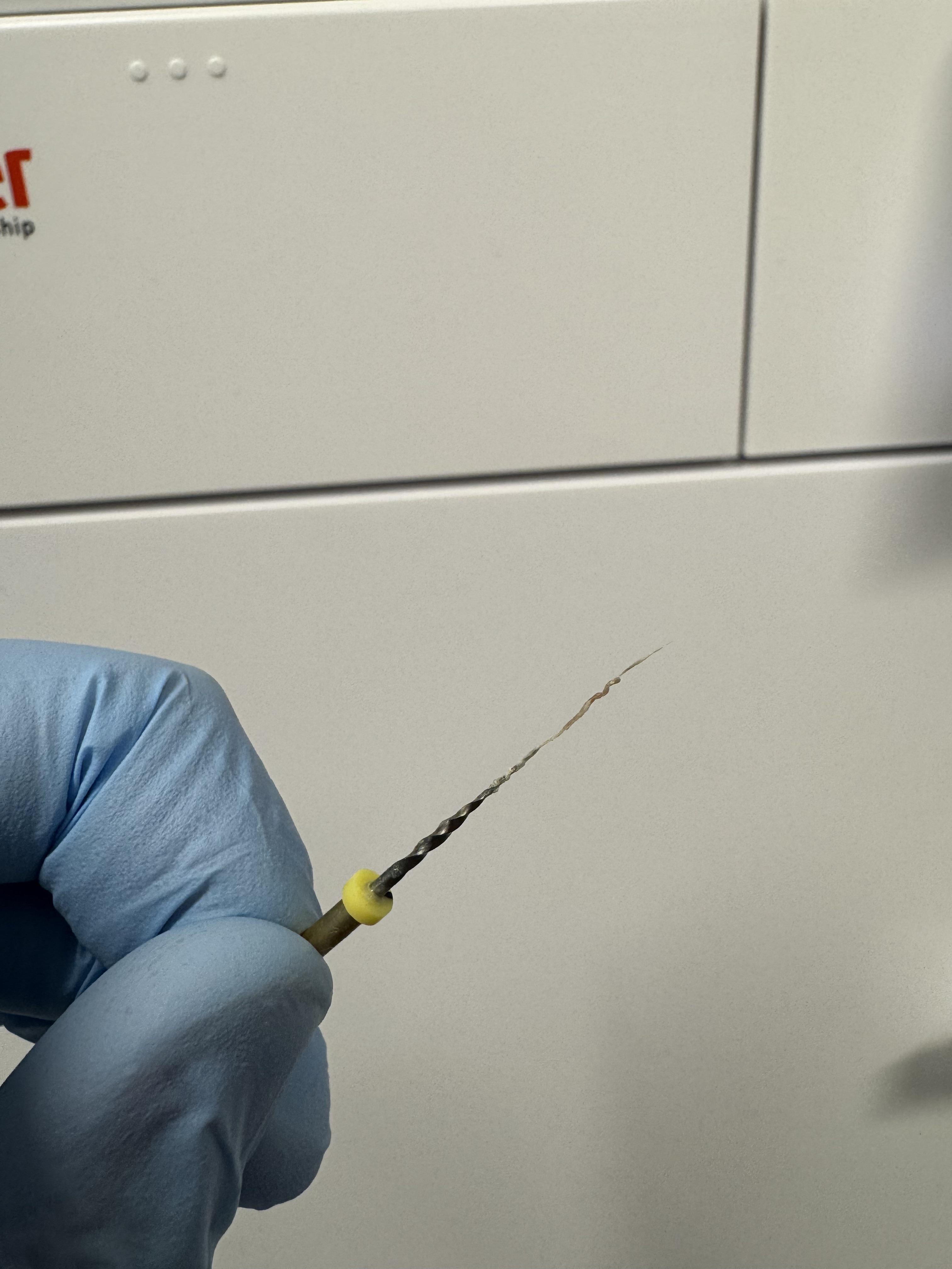 A gloved hand holds a tiny, spiraled tool, likely used for dental purposes, against a plain background