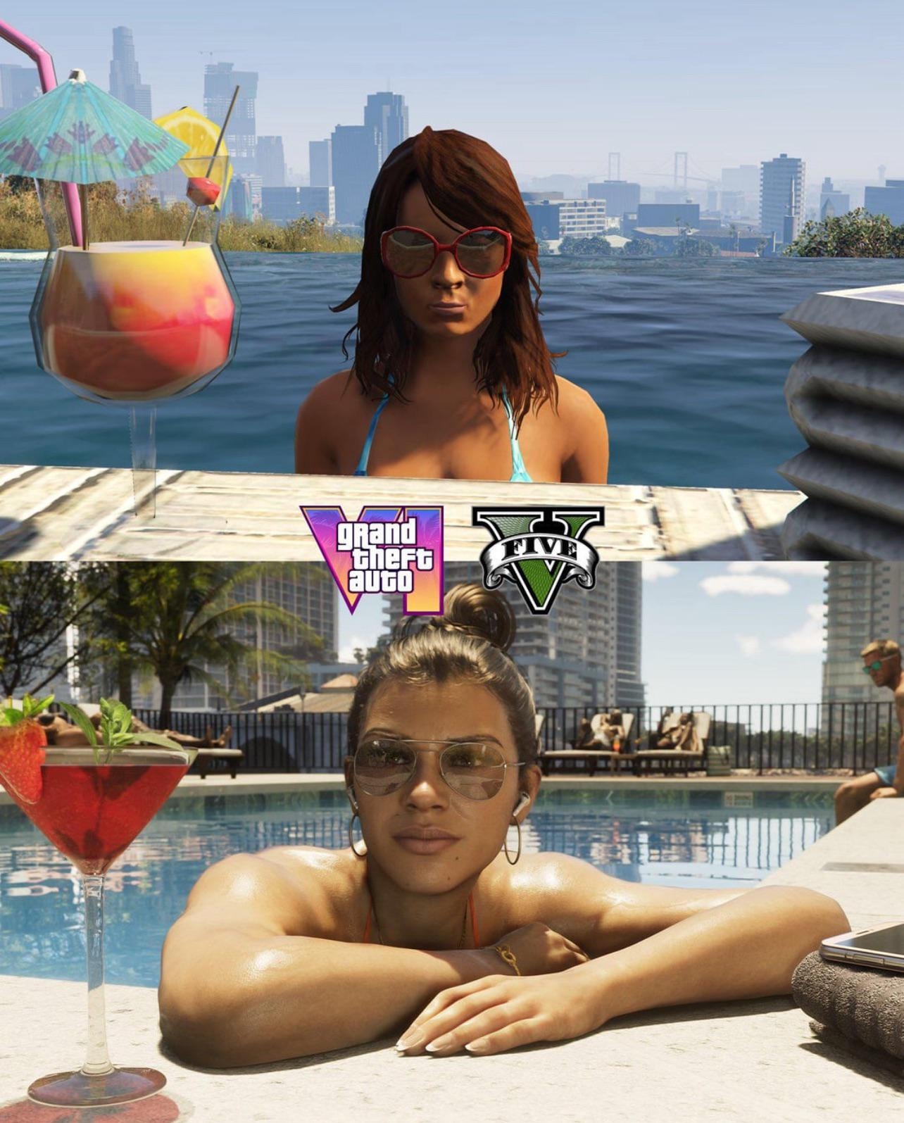 Two images showing characters by pools with drinks, in a Grand Theft Auto V setting. Logos indicate it's about the video game