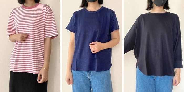 3人が異なるスタイルのカジュアルなトップスを着用している。左はボーダー、中はシンプルなTシャツ、右はゆったりしたシャツ。