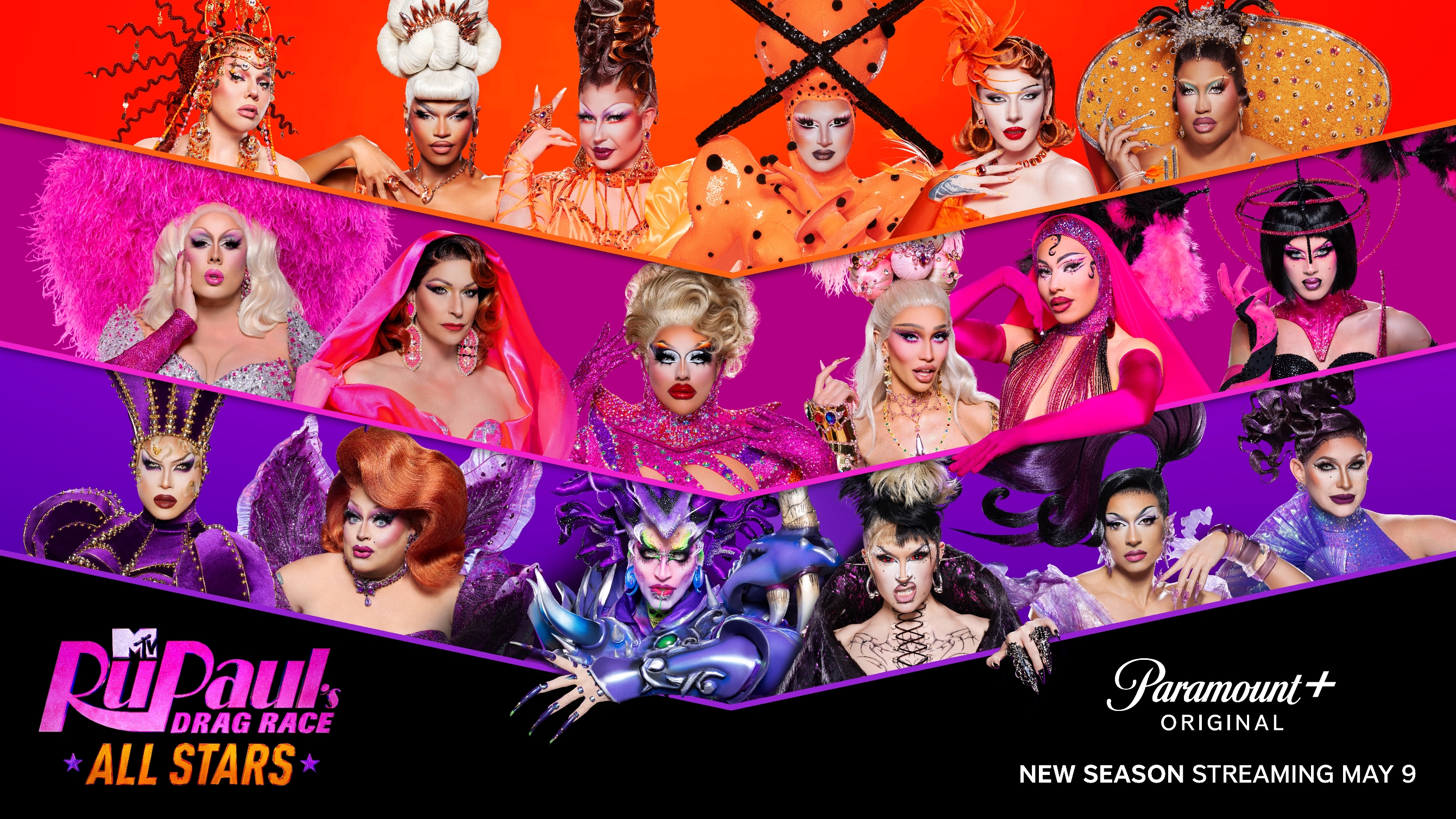 Promotional image for "RuPaul's Drag Race All Stars." Features contestants in extravagant drag outfits with dramatic makeup and hairstyles. Streaming on Paramount+