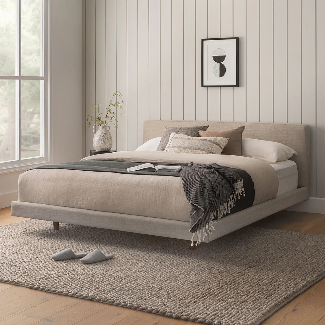 Minimalist bedroom with a beige platform bed, cozy bedding, side table with a vase, wall art, and a large window, promoting a relaxed ambiance