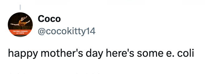 Twitter post by @cocokitty14: "happy mother's day here's some e. coli"