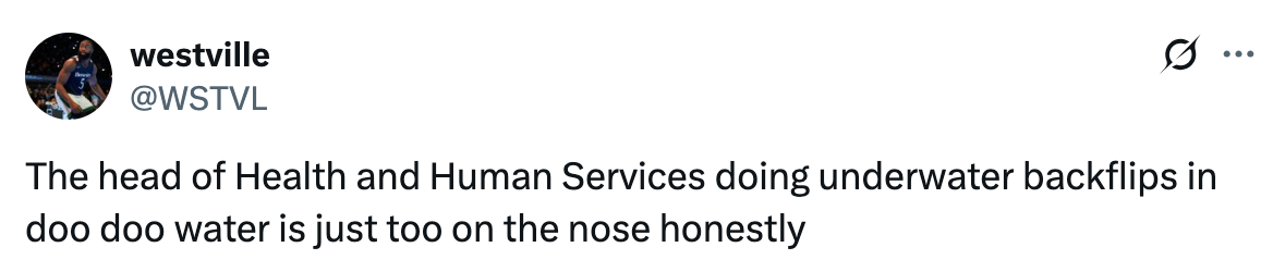 Tweet joking about the head of Health and Human Services doing underwater backflips in polluted water