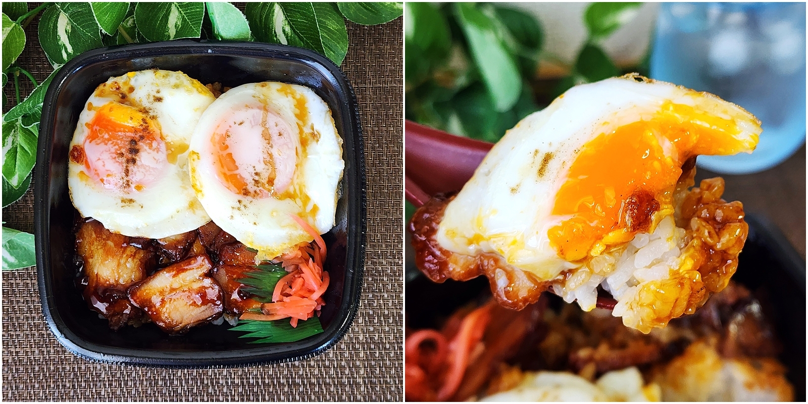 半熟卵が乗ったご飯と焼き豚の料理。左はボウル全体、右は一口分を持ち上げたところ。