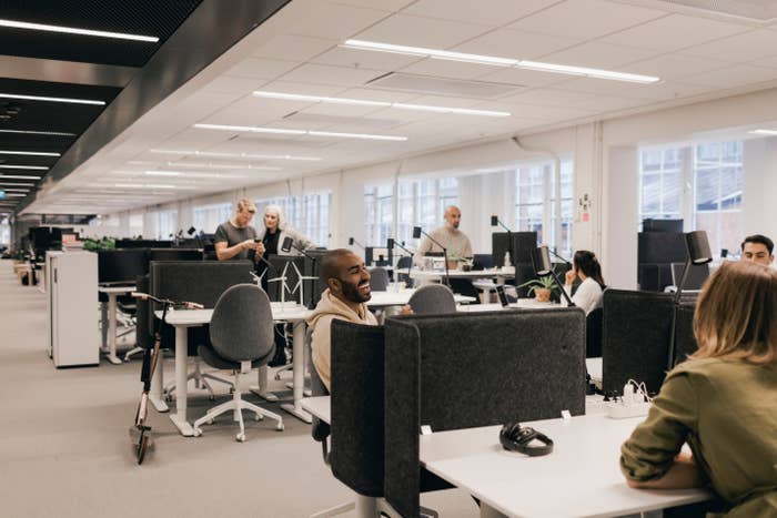 People working in a modern open office with desks, computers, and group seating areas. Natural light fills the space from large windows