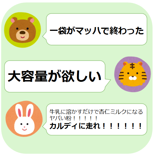 くま: 一袋がマッハで終わった。トラ: 大容量が欲しい。うさぎ: 牛乳に溶かすだけで杏仁ミルクになるヤバい粉。カルディに走れ。