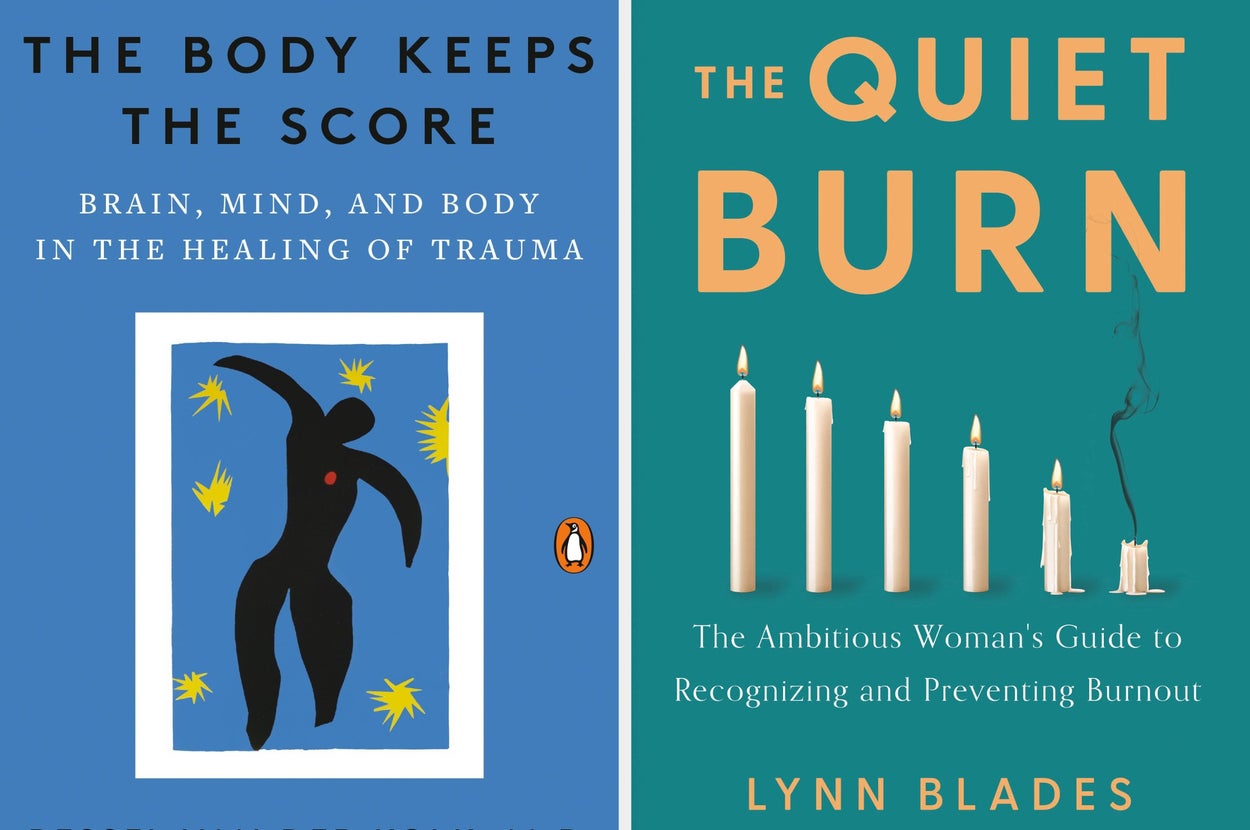 Book covers for "The Body Keeps the Score" by Bessel van der Kolk, featuring abstract art, and "The Quiet Burn" by Lynn Blades, showcasing lit candles