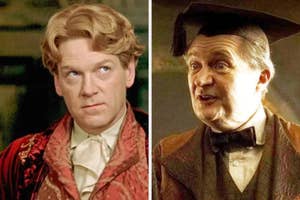 Two characters from a movie; one wears a Victorian-style suit, the other in a scholar's gown with a graduation cap and bow tie, both looking amused
