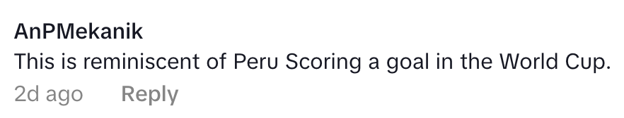 Comment by AnPMekanik: "This is reminiscent of Peru scoring a goal in the World Cup." Posted 2 days ago