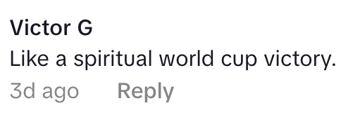 Comment by Victor G: "Like a spiritual world cup victory." Posted 3 days ago