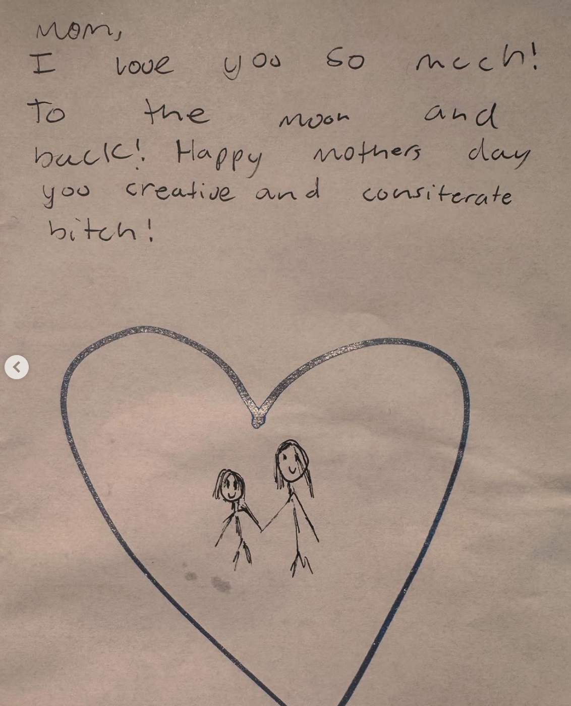 Child's drawing with a heart showing two stick figures and handwritten text inside a Mother's Day card