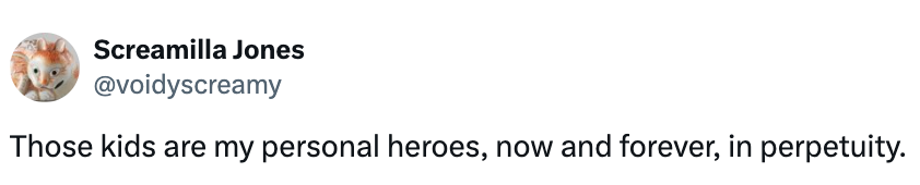 Tweet by @voidyscreamy: "Those kids are my personal heroes, now and forever, in perpetuity."