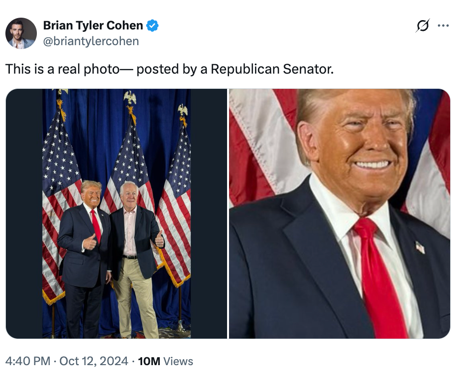 Two images: On the left, a man in a suit with another in casual wear against U.S. flags; on the right, a man in a suit smiling with a flag background. Tweet by Brian Tyler Cohen