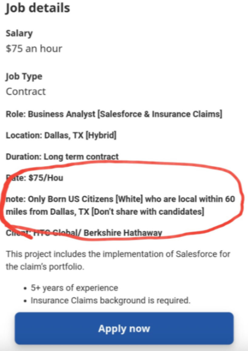 Image showing a job posting for a Business Analyst with a discriminatory note about U.S. citizenship and race, specifically requesting white candidates