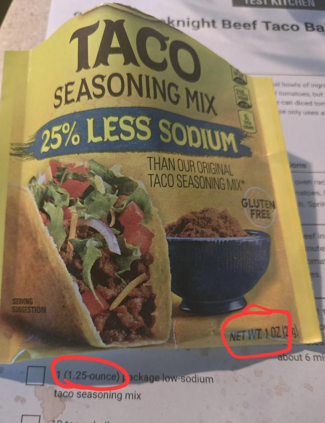 Recipe calling for 1.25 ounce packet of seasoning mix and a packet that only holds one ounce