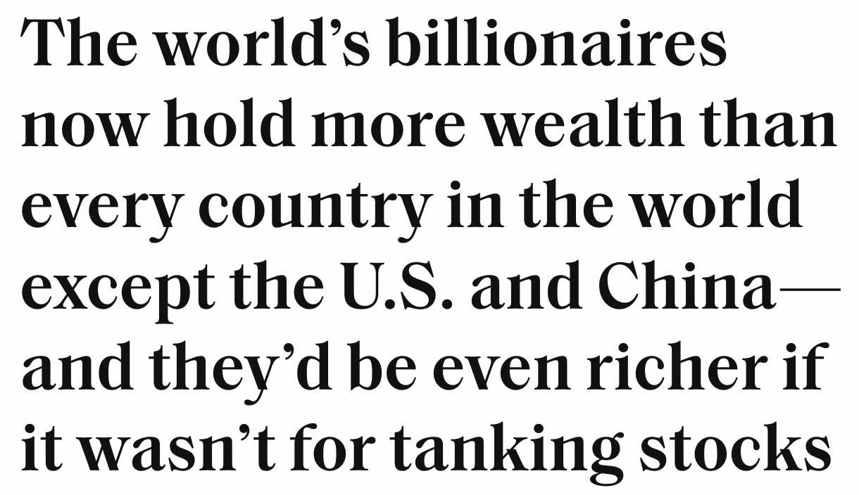 Headline: Billionaires possess more wealth than every country in the world, except the U.S. and China