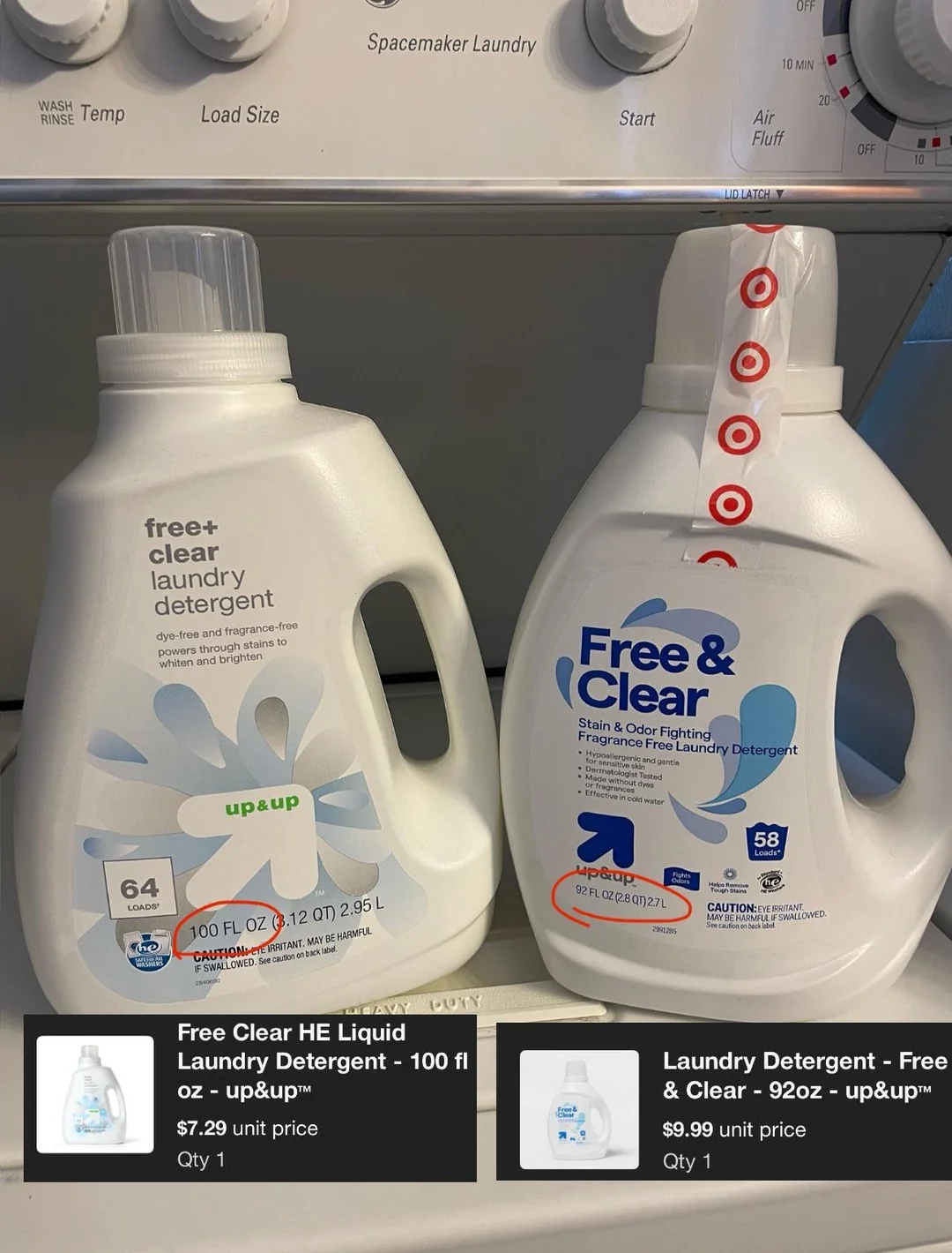 Two bottles of up&up Free Clear laundry detergent on a shelf, labeled 100 fl oz and 92 oz, with pricing details below each