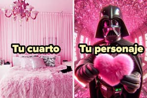 Imagen dividida: a la izquierda, un dormitorio con decoración esponjosa; a la derecha, personaje con casco sosteniendo un corazón peludo rosa. Texto: "Tu cuarto" y "Tu personaje"