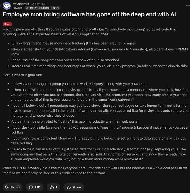 Summary of a text detailing concerns about an AI "productivity monitoring" software, including tracking keystrokes, mouse activity, and website interactions