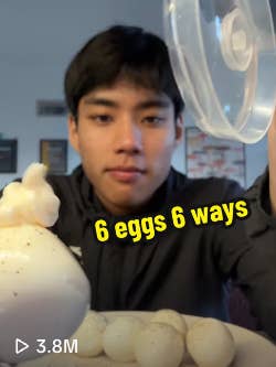 Person preparing eggs successful  six antithetic  ways, with substance   &quot;6 eggs 6 ways&quot; indicating assorted  cooking methods, and video presumption    number  of 3.8 million