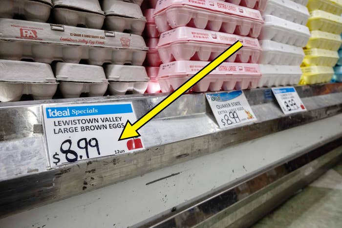 Egg cartons connected  show  successful  a supermarket, with a motion   showing Lewistown Valley ample  brownish  eggs priced astatine  $8.99 for a dozen