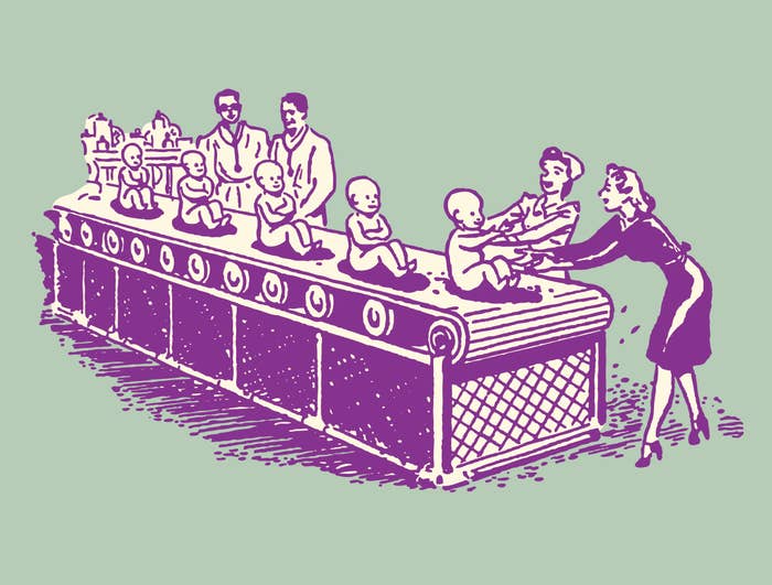 Illustration of babies on an assembly line with adults attending, conveying a satirical view of industrialized child-rearing