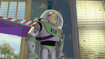 Buzz Lightyear stands near a window, looking determined