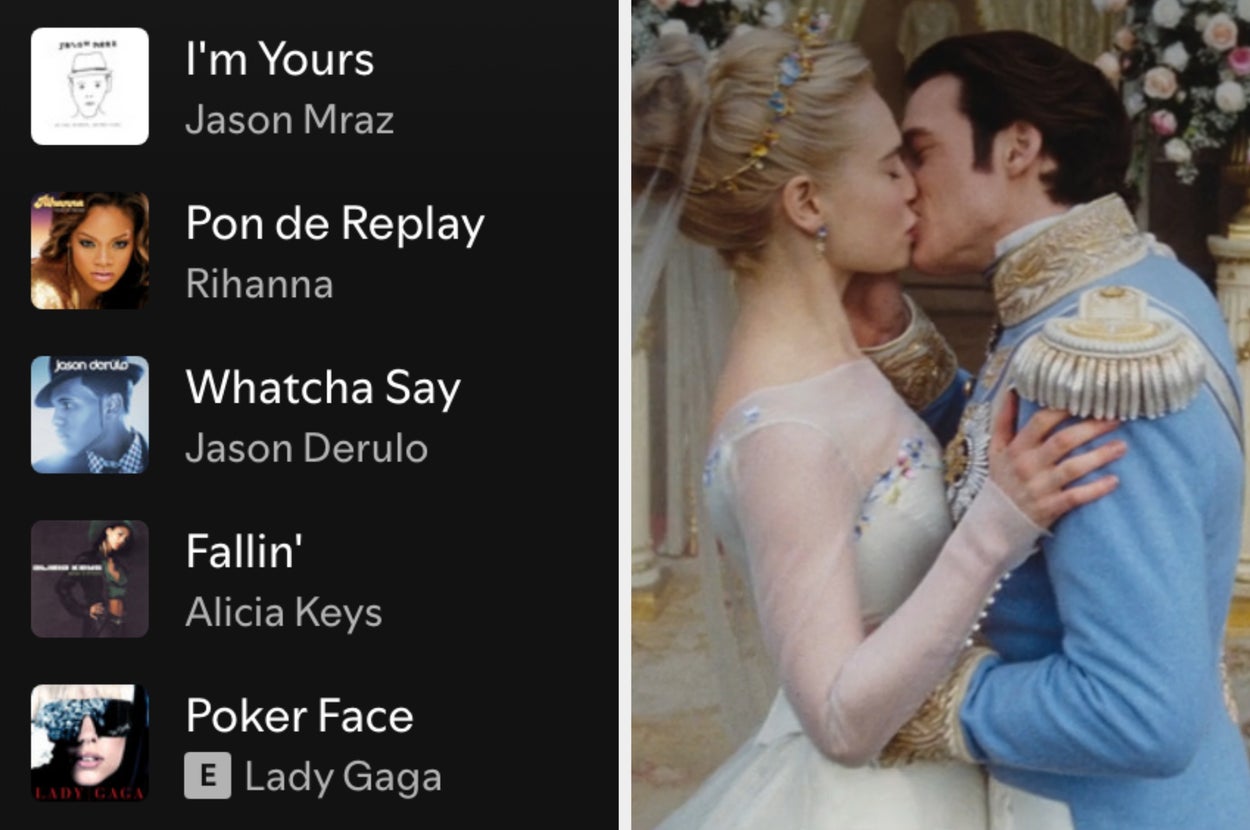 On the left, a Spotify playlist with songs by Jason Mraz, Rihanna, Jason Derulo, Alicia Keys, and Lady Gaga, and on the right, Lily James and Richard Madden kissing as Cinderella and Prince Charming in the live-action Cinderella