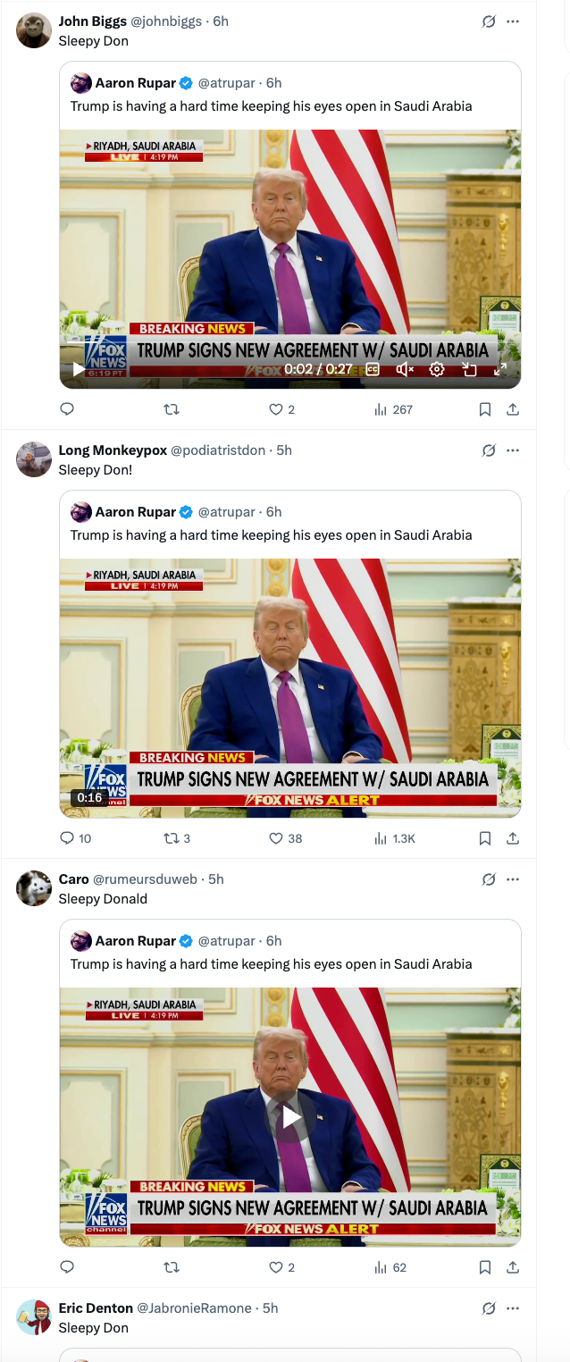 Multiple Twitter posts show the same news clip image of a public figure at a podium with text stating they're struggling to keep their eyes open