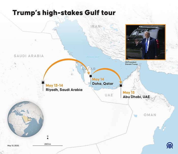 Map showing Trump's Gulf tour: May 13-14 in Riyadh, May 14 in Doha, May 15 in Abu Dhabi. A photo of Trump is included