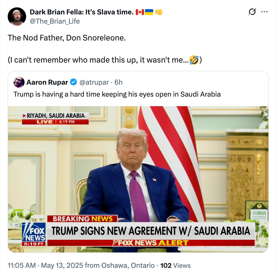 Tweet with image of a person at a formal event in Saudi Arabia; comment humorously references falling asleep