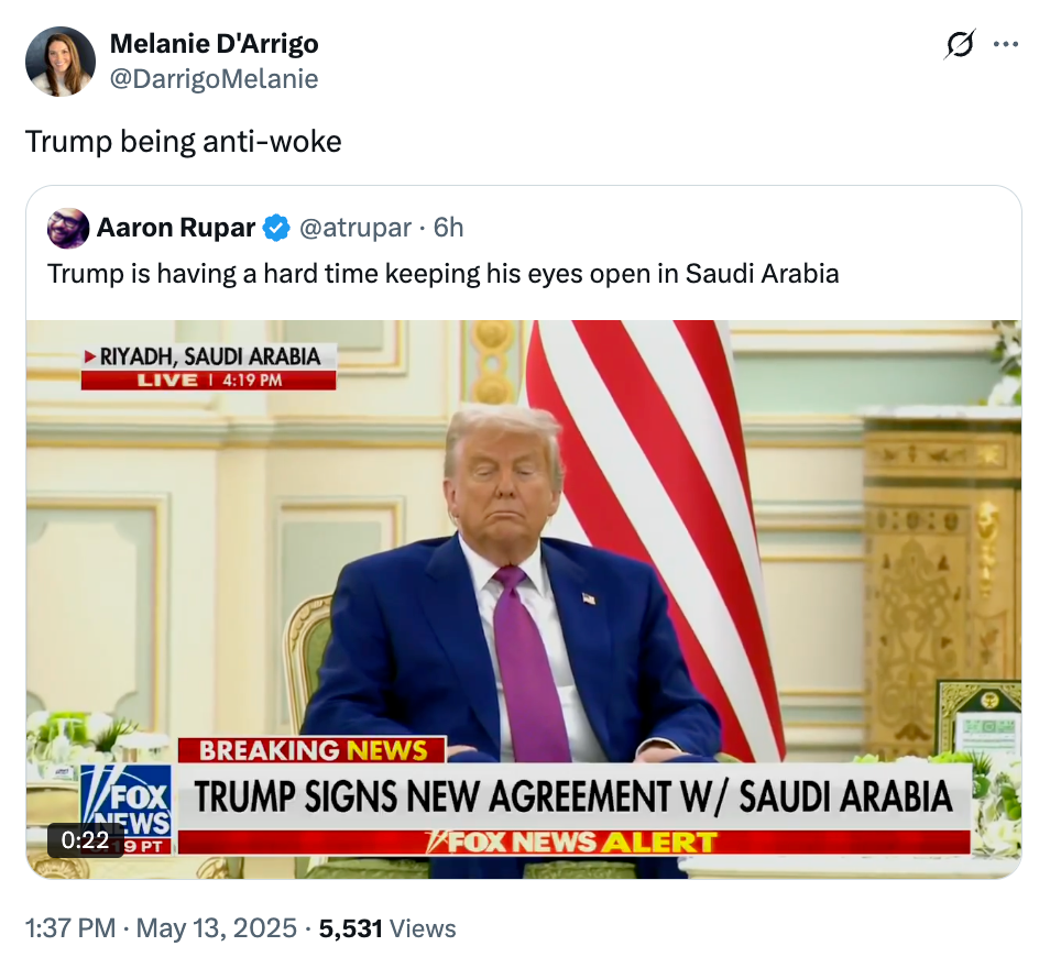 A man in a suit sits with eyes closed during a formal meeting in Saudi Arabia. A TV banner reads: "Trump signs new agreement w/ Saudi Arabia."