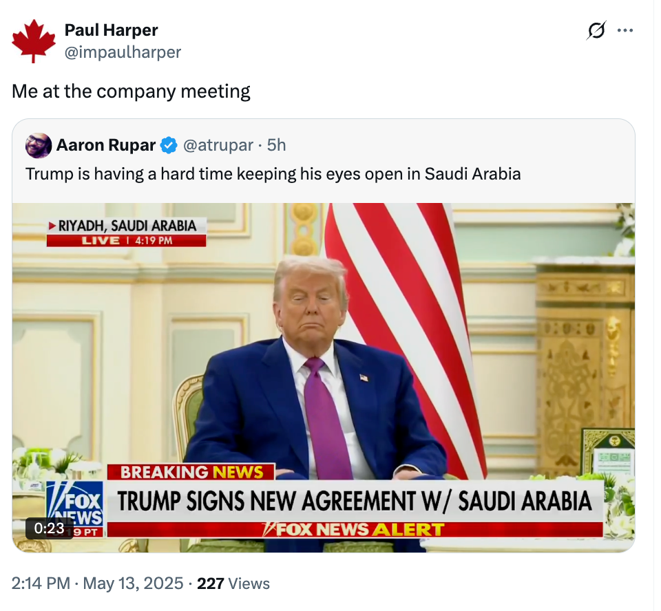 Image of Donald Trump at a meeting, sitting at a table. The news banner states, "Trump signs new agreement with Saudi Arabia."