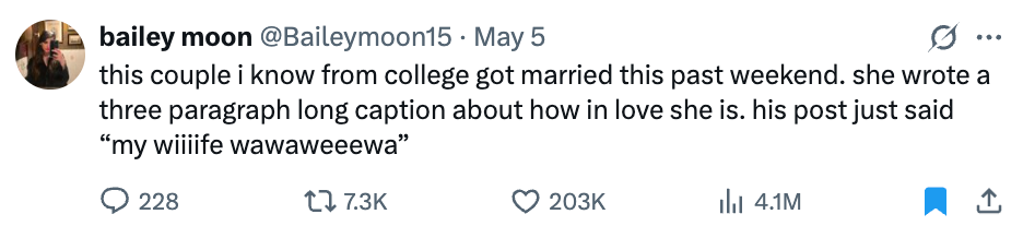 Tweet comparing a wife's long post on love to a husband's short, humorous comment on their marriage