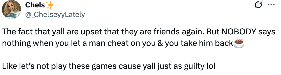 Tweet about double standards in relationships, highlighting how people react differently to similar situations