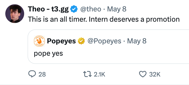 Tweet conversation: Theo praises a Popeyes tweet saying "pope yes" as deserving a promotion